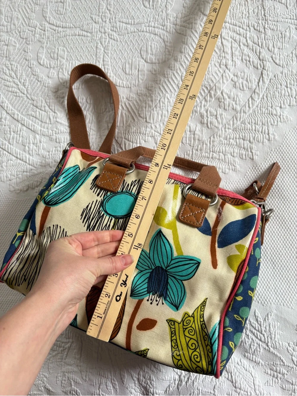 Fossil Key-Per mod floral handbag satchel shoulder bag coated canvas retro